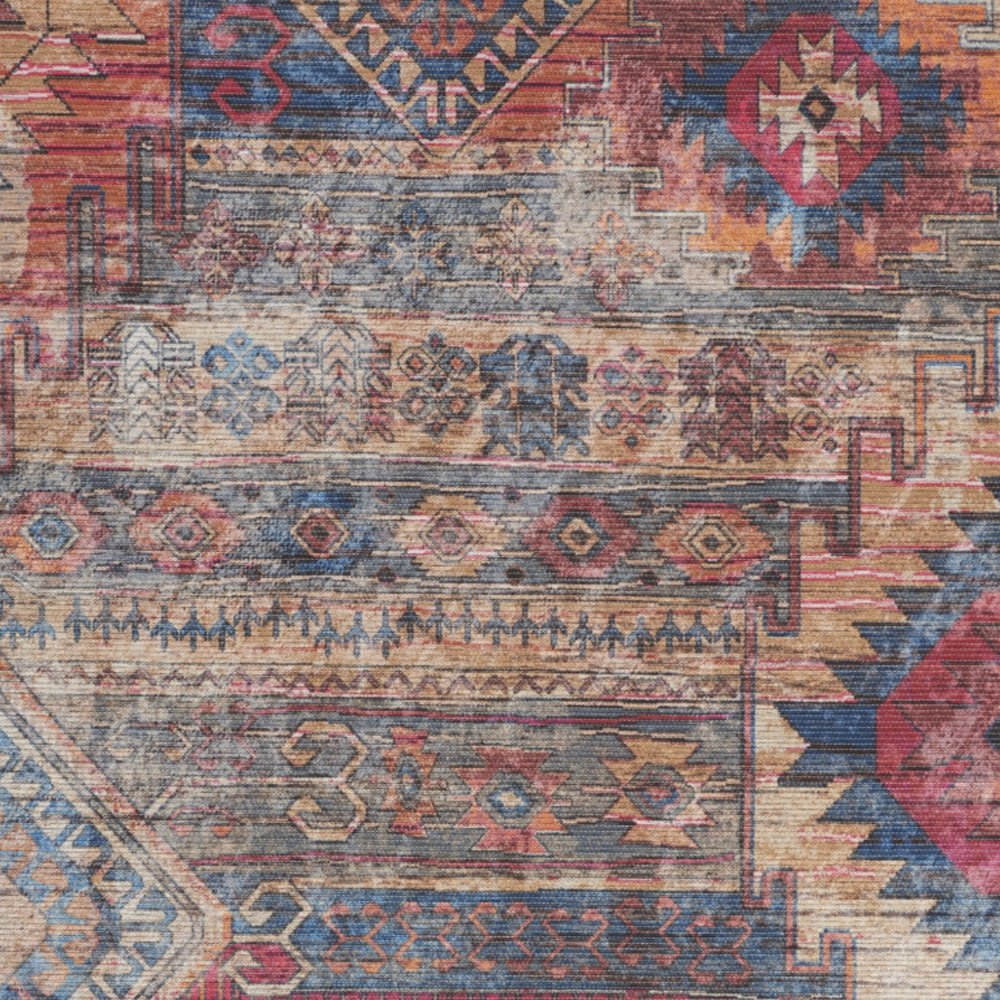 6' X 9' Blue And Pink Southwestern Distressed Washable Area Rug