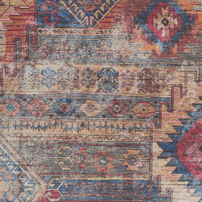 6' X 9' Blue And Pink Southwestern Distressed Washable Area Rug