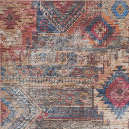 6' X 9' Blue And Pink Southwestern Distressed Washable Area Rug