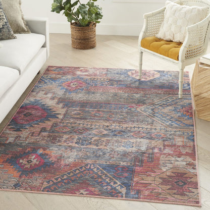 6' X 9' Blue And Pink Southwestern Distressed Washable Area Rug