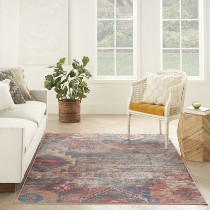 6' X 9' Blue And Pink Southwestern Distressed Washable Area Rug
