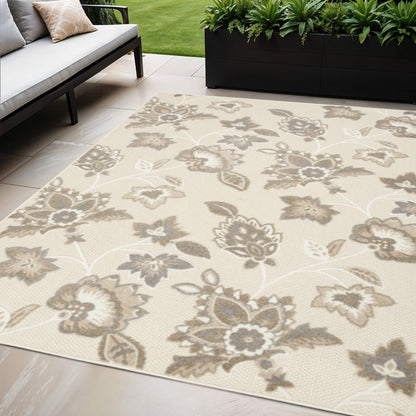5' X 8' Beige Floral Stain Resistant Non Skid Area Rug