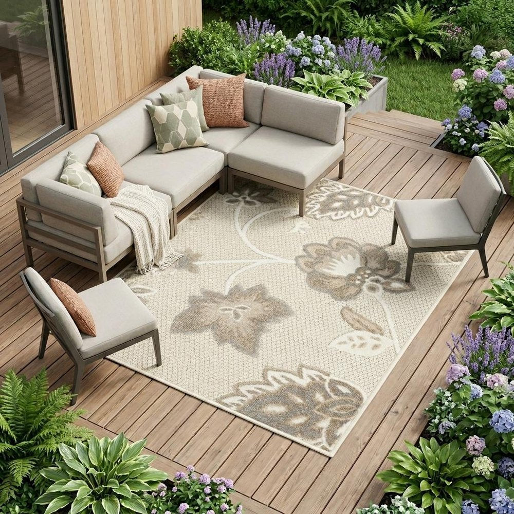8' X 11' Beige Floral Non Skid Indoor Outdoor Area Rug