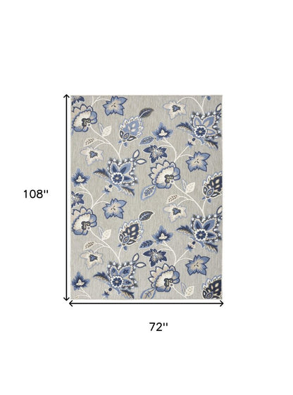 6' X 9' Blue And Grey Floral Stain Resistant Non Skid Area Rug