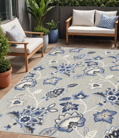 5' X 8' Blue And Grey Floral Stain Resistant Non Skid Area Rug