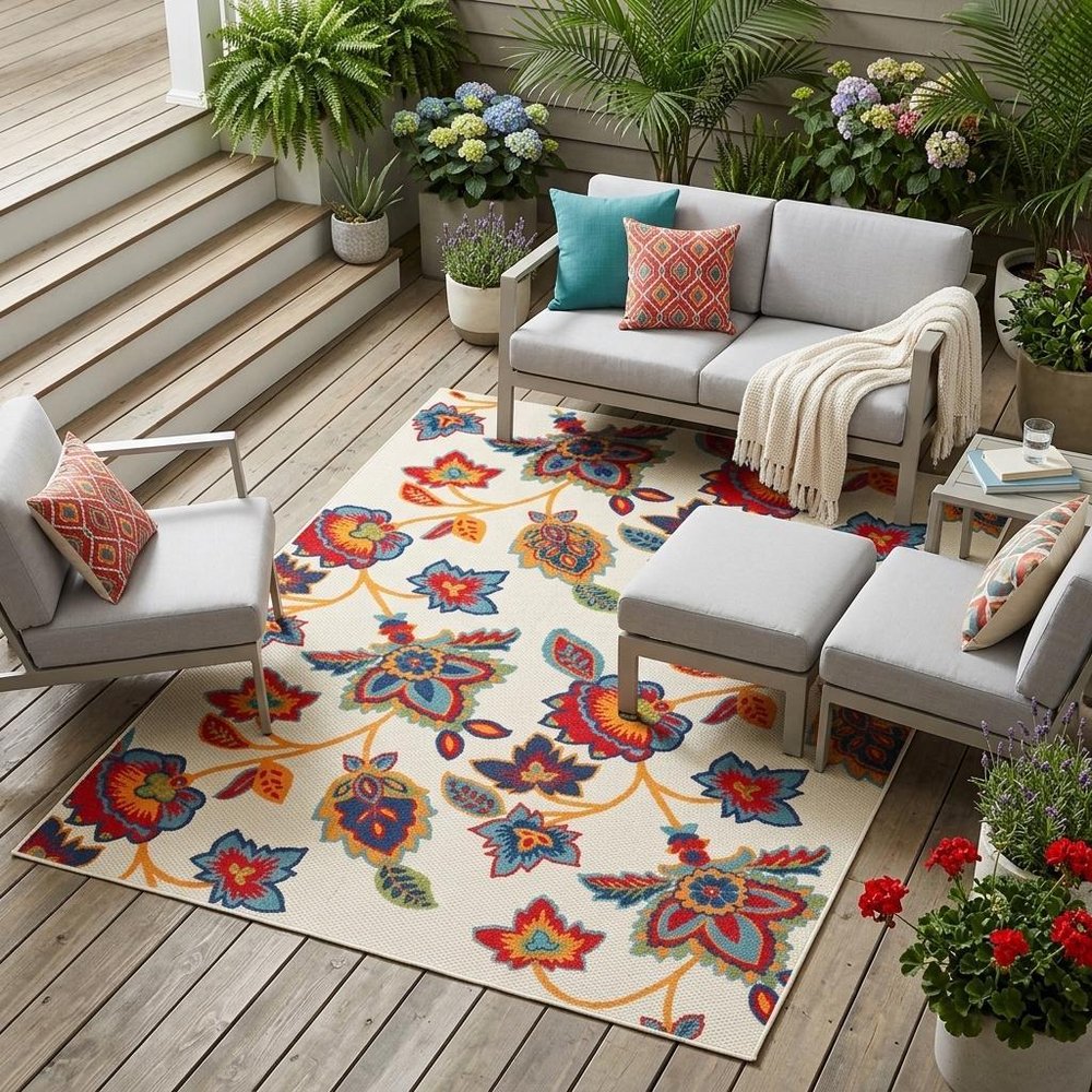 4' X 6' Gray Blue and Orange Floral Non Skid Indoor Outdoor Area Rug