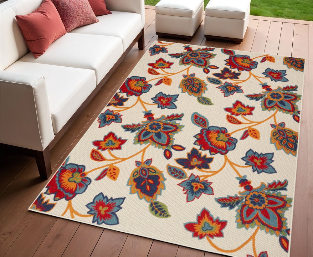 4' X 6' Gray Blue and Orange Floral Non Skid Indoor Outdoor Area Rug