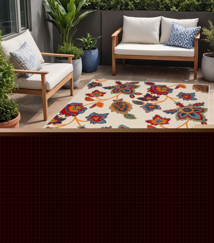 5' X 8' Gray Blue and Orange Floral Non Skid Indoor Outdoor Area Rug