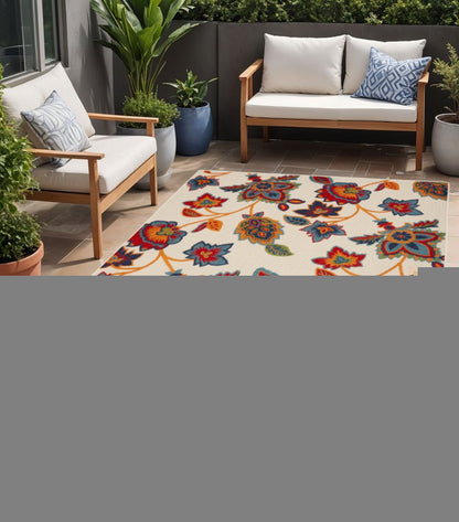 5' X 8' Gray Blue and Orange Floral Non Skid Indoor Outdoor Area Rug