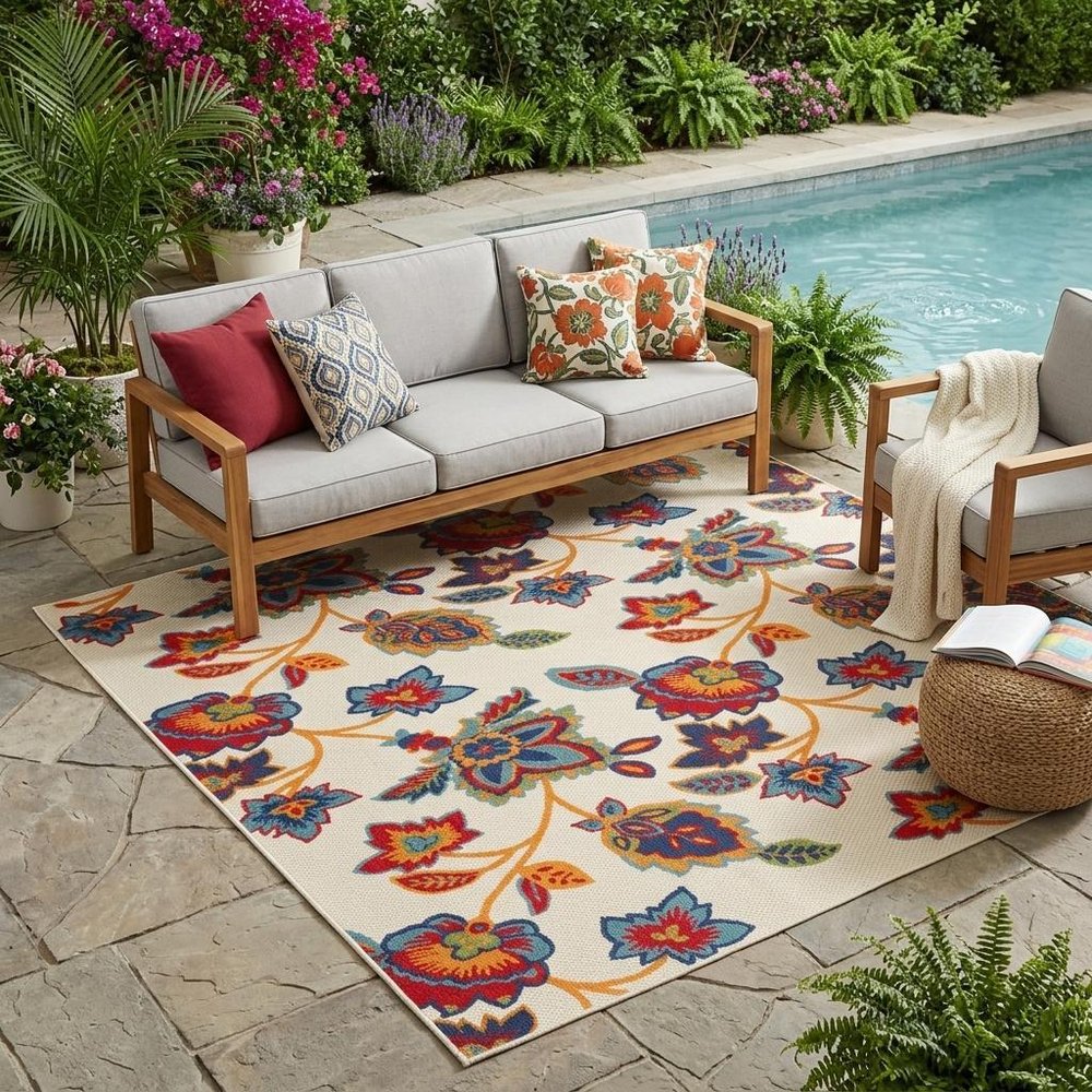 5' X 8' Gray Blue and Orange Floral Non Skid Indoor Outdoor Area Rug