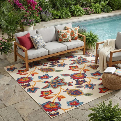 5' X 8' Gray Blue and Orange Floral Non Skid Indoor Outdoor Area Rug