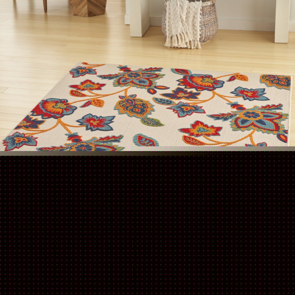 5' X 8' Gray Blue and Orange Floral Non Skid Indoor Outdoor Area Rug