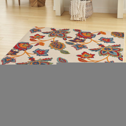 5' X 8' Gray Blue and Orange Floral Non Skid Indoor Outdoor Area Rug
