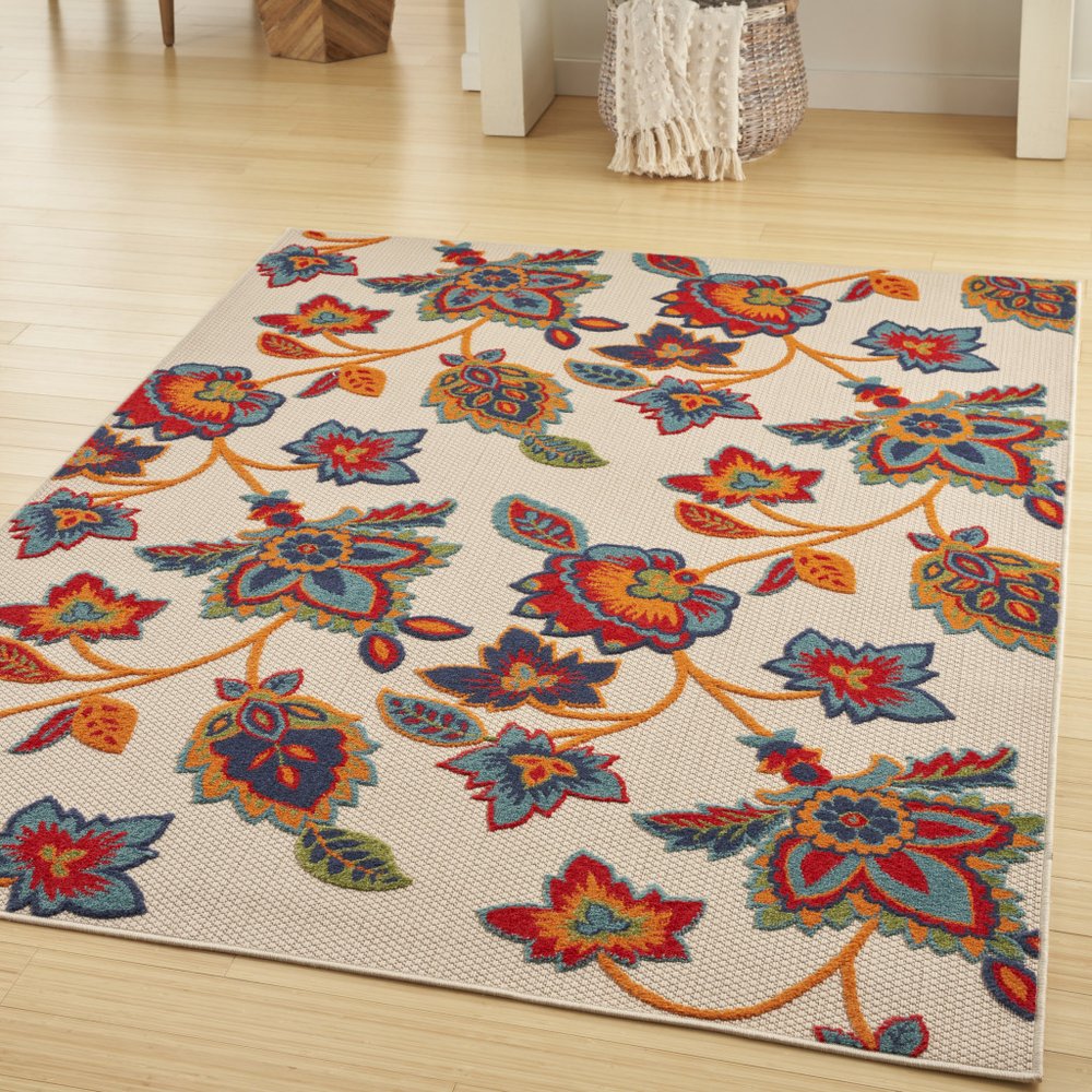 8' X 11' Gray Blue and Orange Floral Non Skid Indoor Outdoor Area Rug