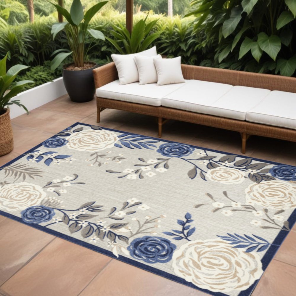 6' X 9' Blue And Grey Floral Stain Resistant Non Skid Area Rug