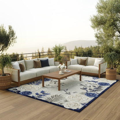 6' X 9' Blue And Grey Floral Stain Resistant Non Skid Area Rug