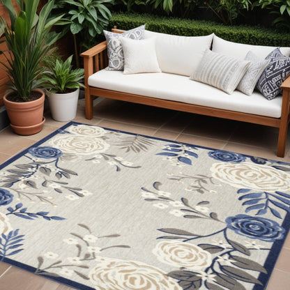 7' X 10' Blue And Grey Floral Stain Resistant Non Skid Area Rug