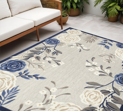 5' X 8' Blue And Grey Floral Stain Resistant Non Skid Area Rug