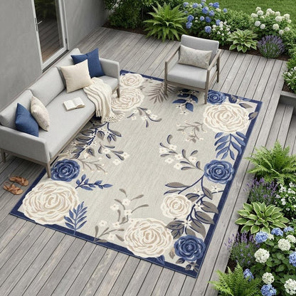 8' X 11' Blue and Gray Floral Non Skid Indoor Outdoor Area Rug