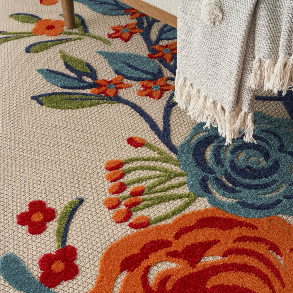 4' X 6' Ivory Blue and Orange Floral Non Skid Indoor Outdoor Area Rug