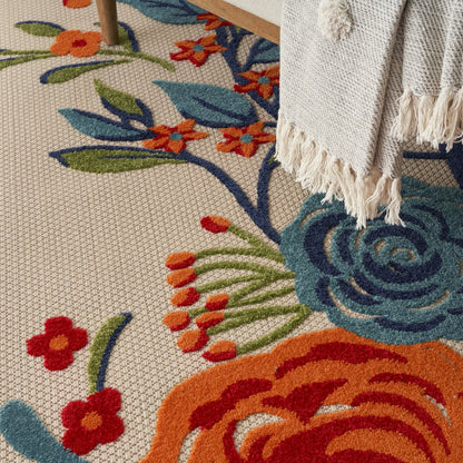 4' X 6' Ivory Blue and Orange Floral Non Skid Indoor Outdoor Area Rug