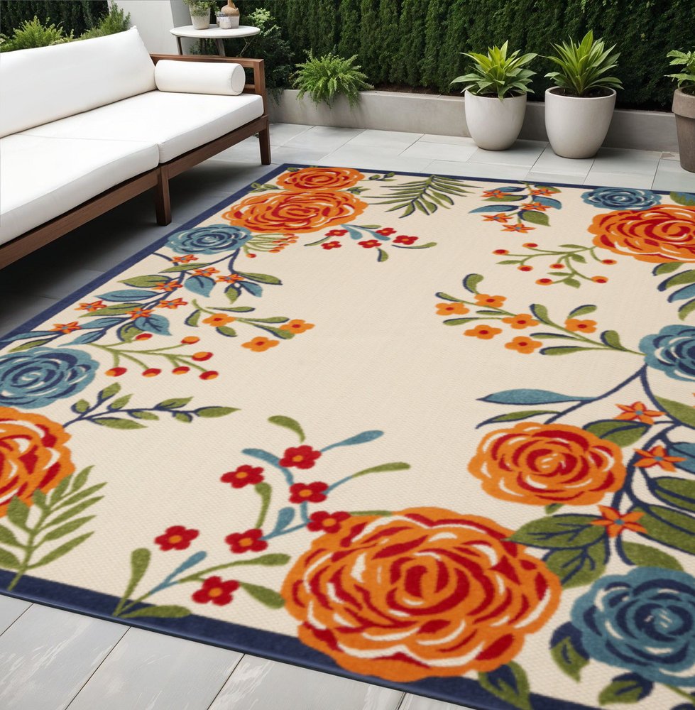 5' X 8' Multicolor Floral Stain Resistant Non Skid Area Rug