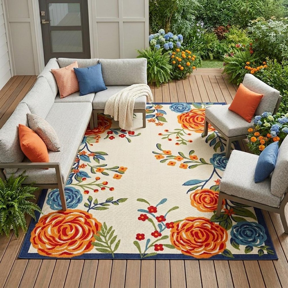 8' X 11' Ivory Blue and Orange Floral Non Skid Indoor Outdoor Area Rug