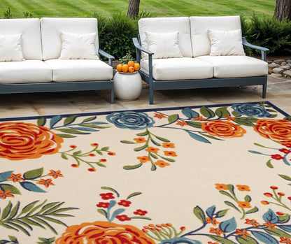 8' X 11' Ivory Blue and Orange Floral Non Skid Indoor Outdoor Area Rug
