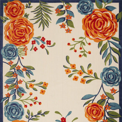 8' X 11' Ivory Blue and Orange Floral Non Skid Indoor Outdoor Area Rug