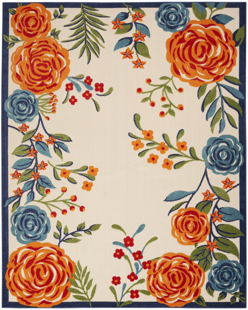 8' X 11' Ivory Blue and Orange Floral Non Skid Indoor Outdoor Area Rug