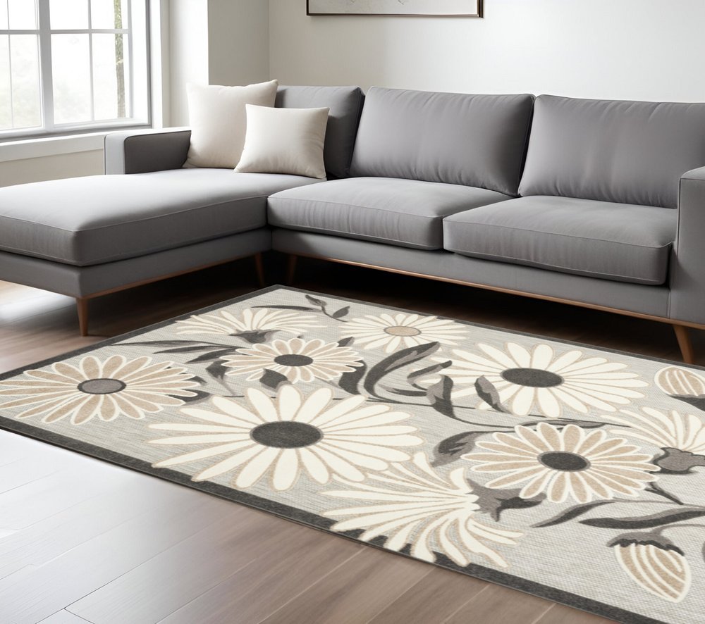 6' X 9' Beige Floral Stain Resistant Non Skid Area Rug