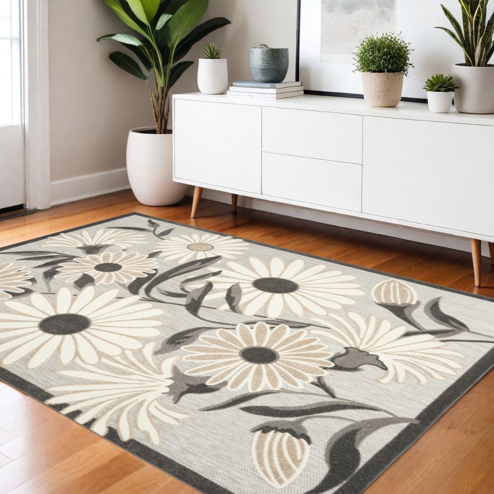 4' X 6' Beige Floral Stain Resistant Non Skid Area Rug