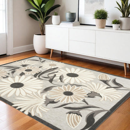 4' X 6' Beige Floral Stain Resistant Non Skid Area Rug