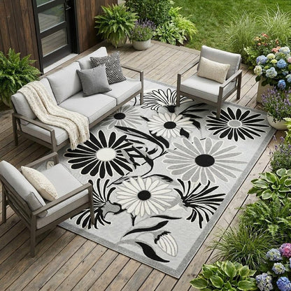 8' X 11' Black and White Floral Non Skid Indoor Outdoor Area Rug