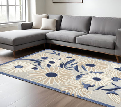 6' X 9' Blue And Grey Floral Stain Resistant Non Skid Area Rug