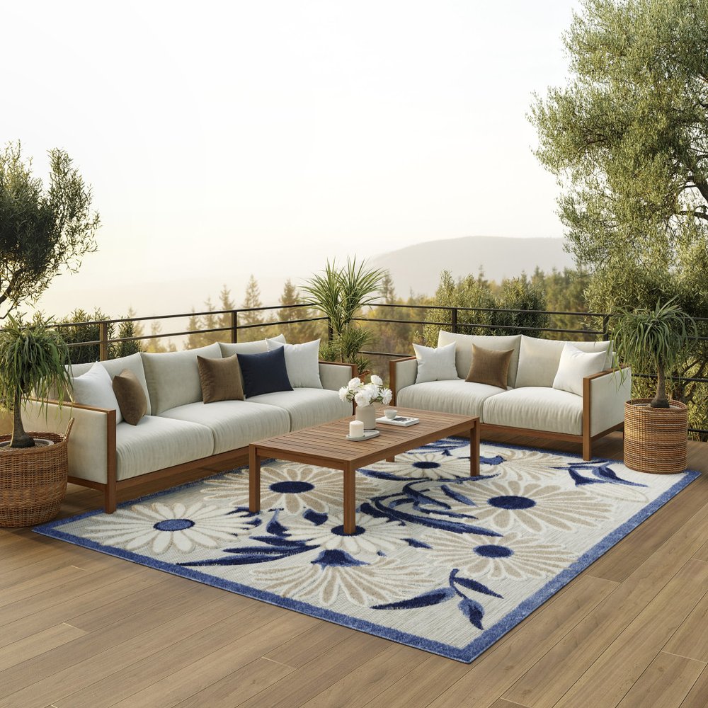 7' X 10' Blue And Grey Floral Stain Resistant Non Skid Area Rug