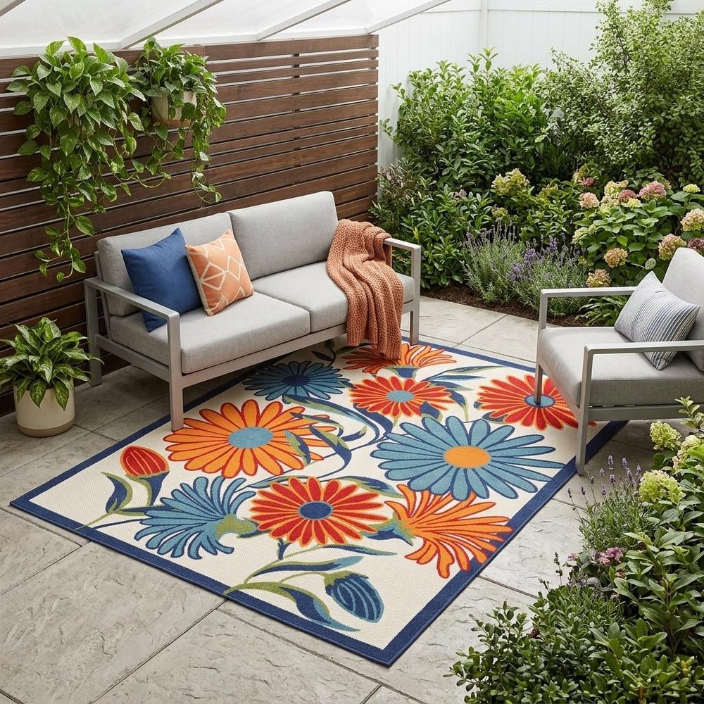 4' X 6' Ivory Blue and Orange Floral Non Skid Indoor Outdoor Area Rug