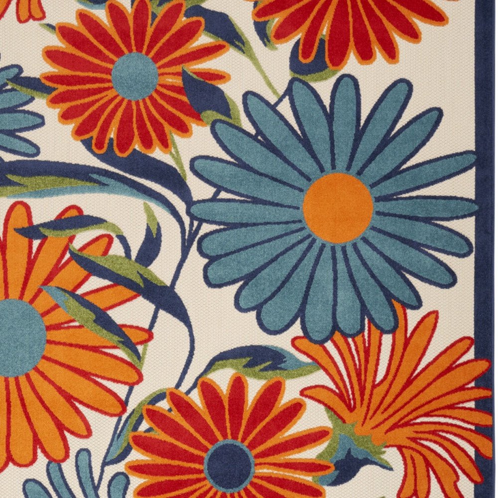 4' X 6' Ivory Blue and Orange Floral Non Skid Indoor Outdoor Area Rug