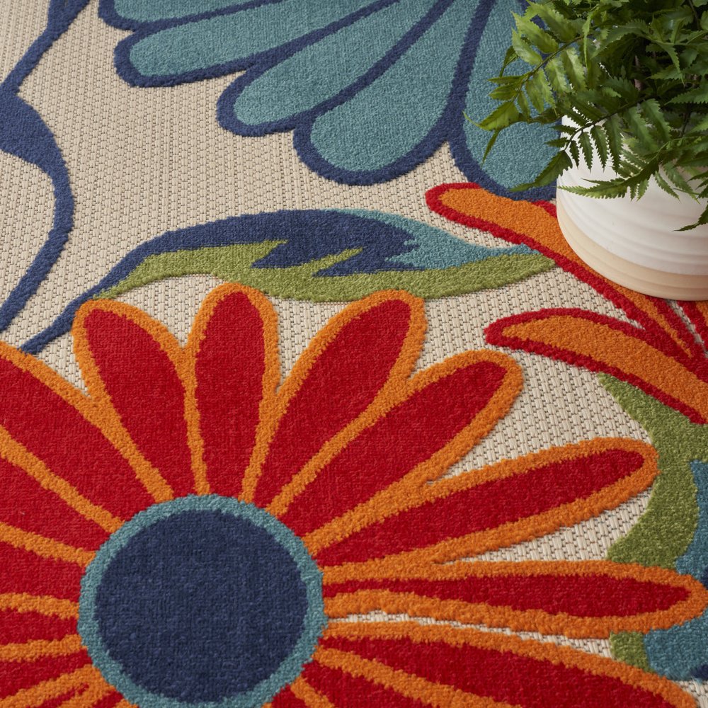 4' X 6' Ivory Blue and Orange Floral Non Skid Indoor Outdoor Area Rug