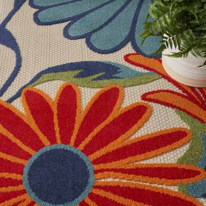 4' X 6' Ivory Blue and Orange Floral Non Skid Indoor Outdoor Area Rug