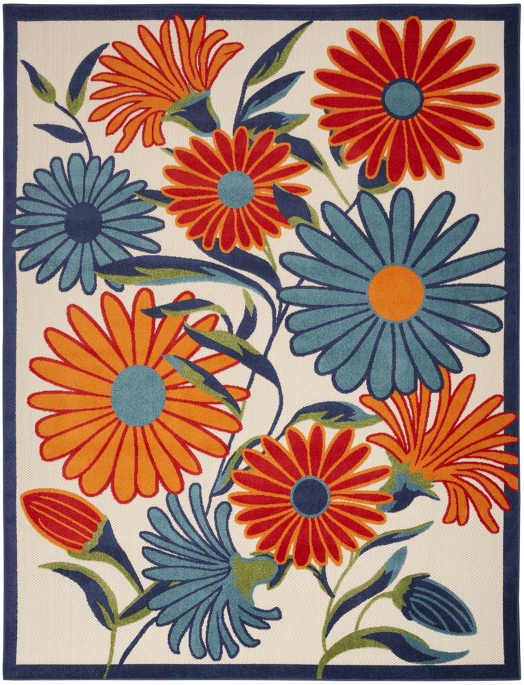 4' X 6' Ivory Blue and Orange Floral Non Skid Indoor Outdoor Area Rug