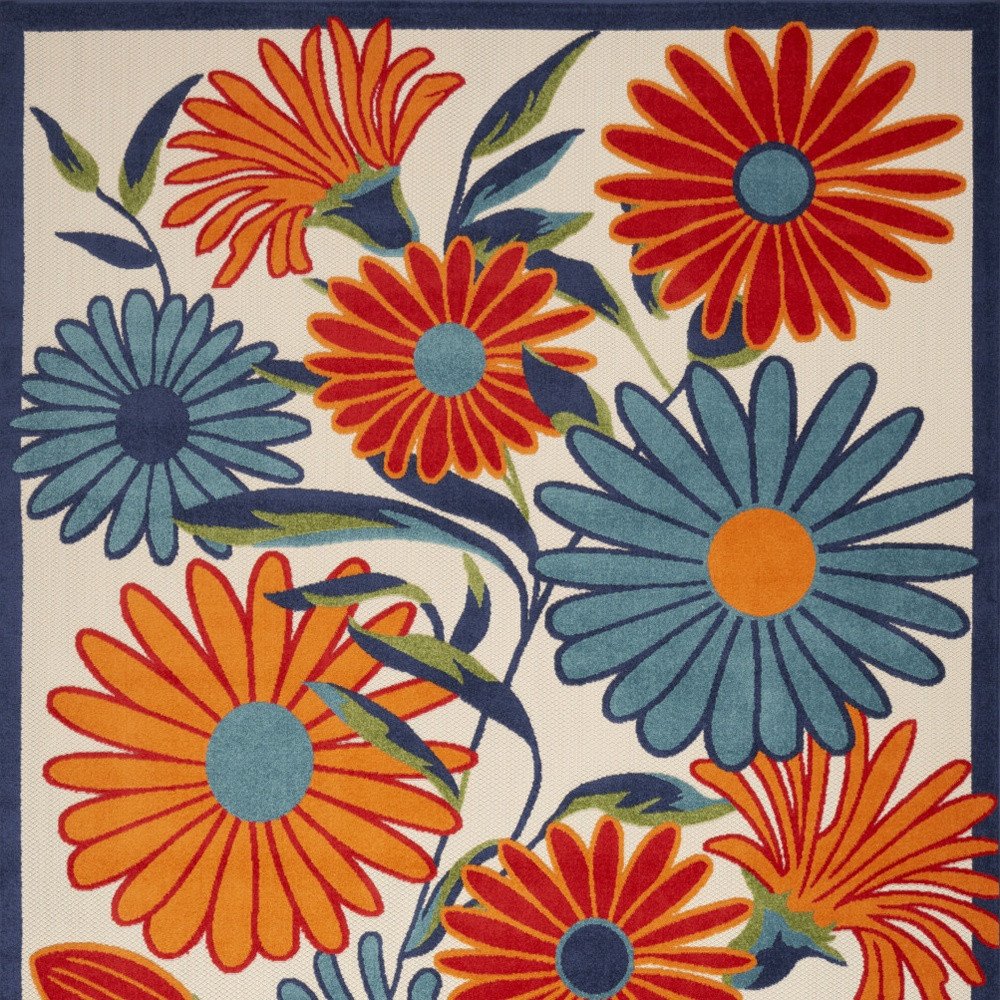 8' X 11' Ivory Blue and Orange Floral Non Skid Indoor Outdoor Area Rug