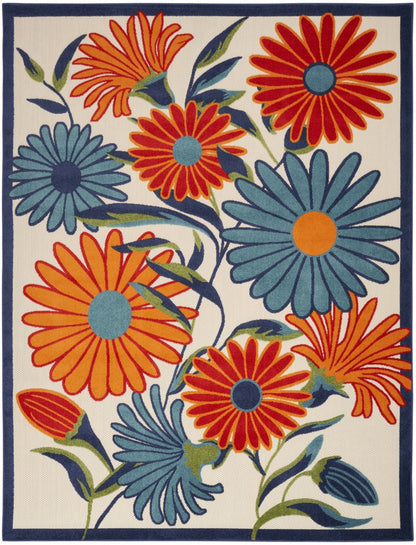 8' X 11' Ivory Blue and Orange Floral Non Skid Indoor Outdoor Area Rug