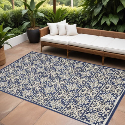 6' X 9' Blue Fleur De Lis Stain Resistant Non Skid Area Rug