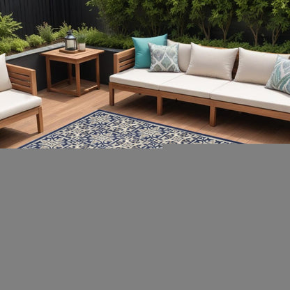 7' X 10' Blue Fleur De Lis Stain Resistant Non Skid Area Rug
