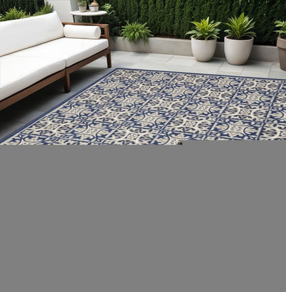 5' X 8' Blue Fleur De Lis Stain Resistant Non Skid Area Rug