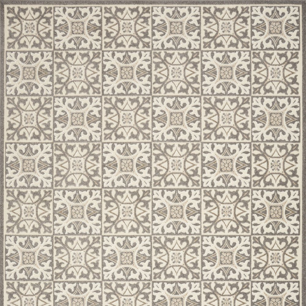 7' X 10' Ivory And Grey Fleur De Lis Stain Resistant Non Skid Area Rug