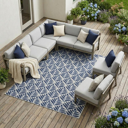 8' X 11' Blue Floral Non Skid Indoor Outdoor Area Rug