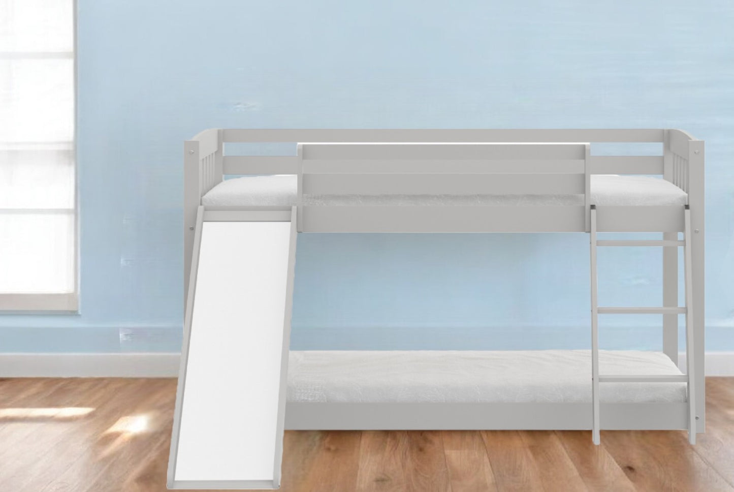 White Twin over Twin Solid Wood Bunk Bed With Slide and Ladder