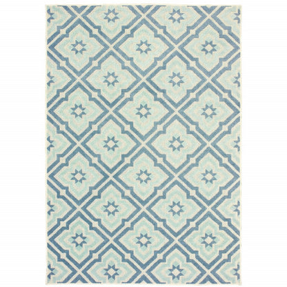 10' X 13' Blue and Ivory Geometric Stain Resistant Indoor Outdoor Area Rug
